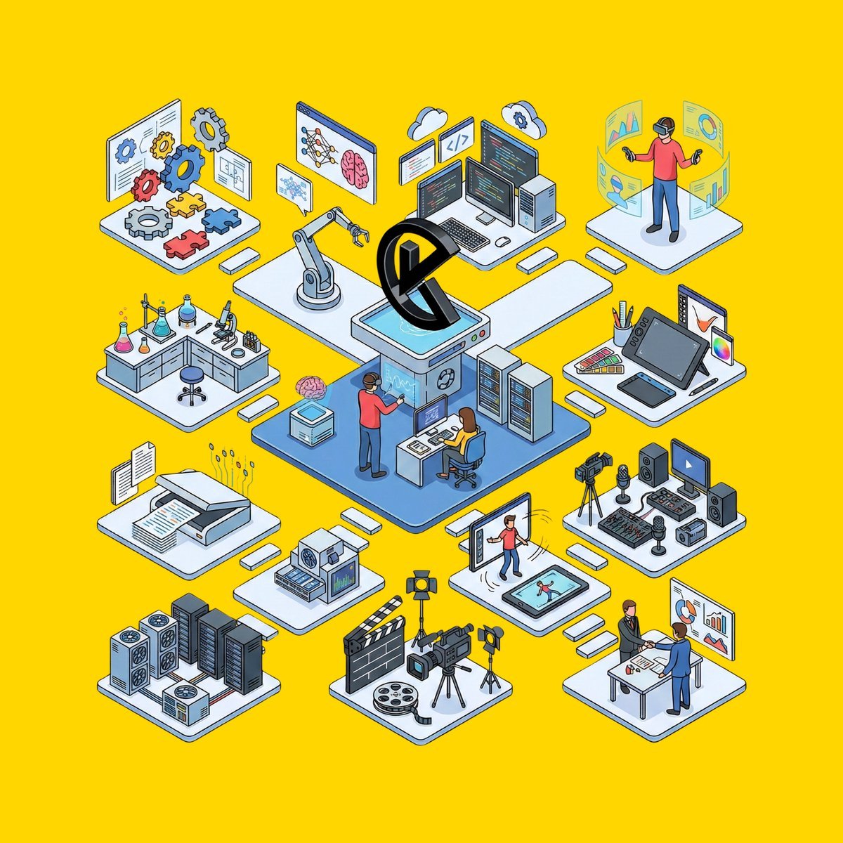 Isometric illustration of Creatik's divisions: software, laboratories, media, design and infrastructure