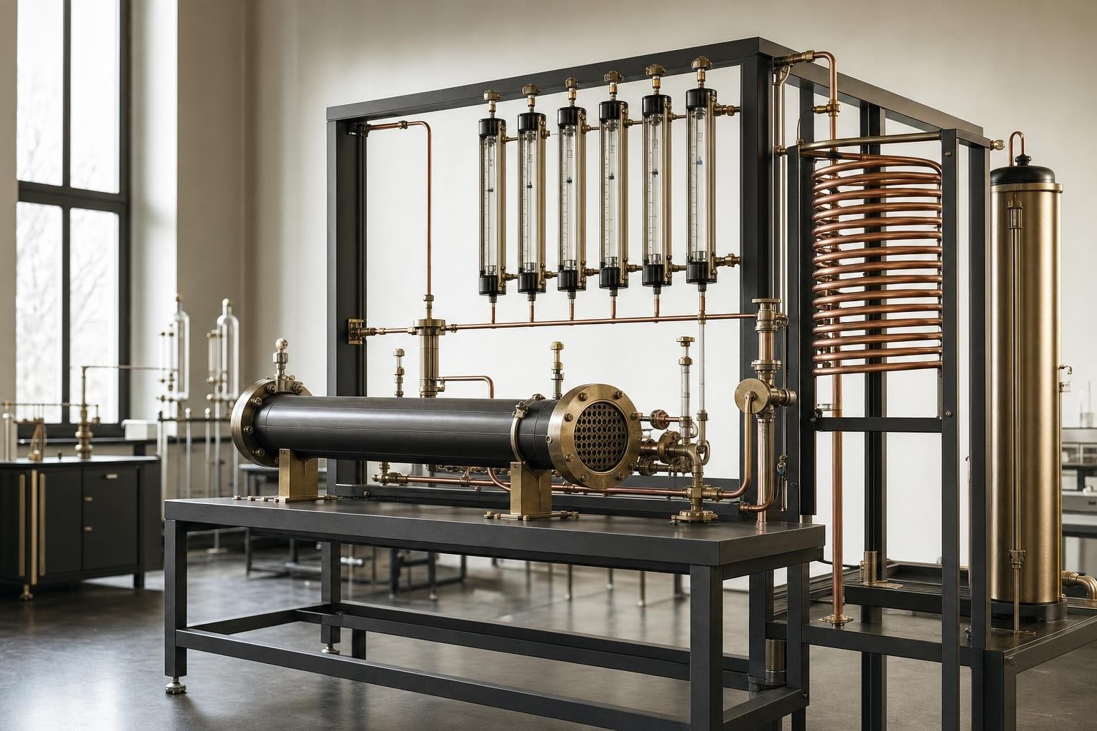 Shell and tube heat exchanger test rig with copper tubing on a laboratory bench