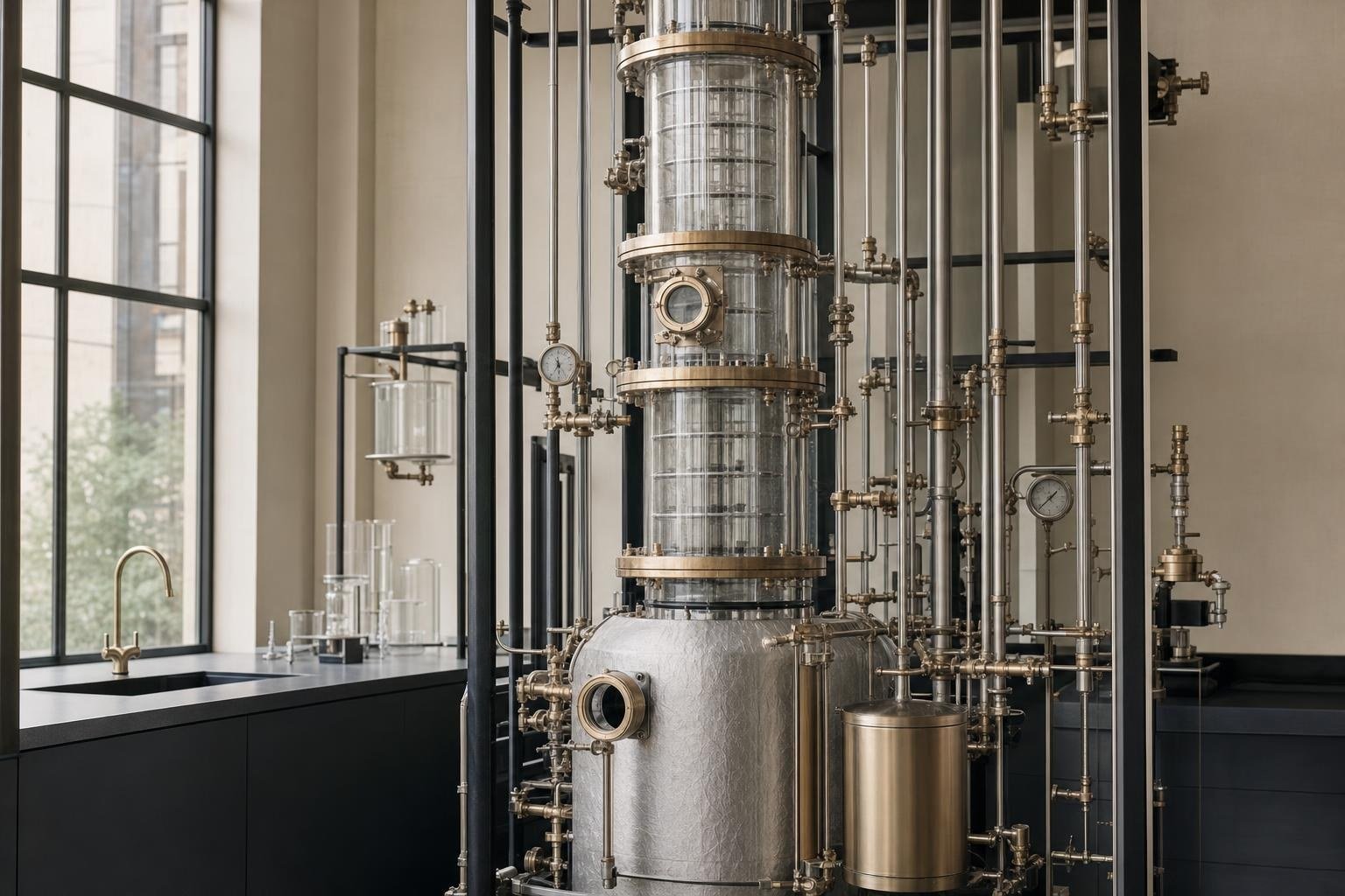 Glass sieve-plate distillation column and pipework in a chemical engineering laboratory