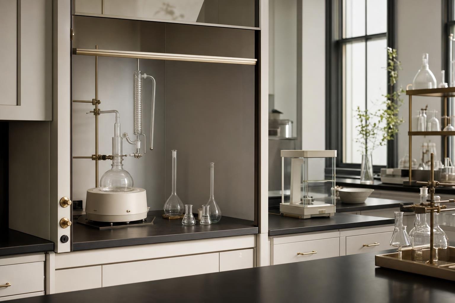 Fume hood and analytical glassware in a chemical engineering laboratory