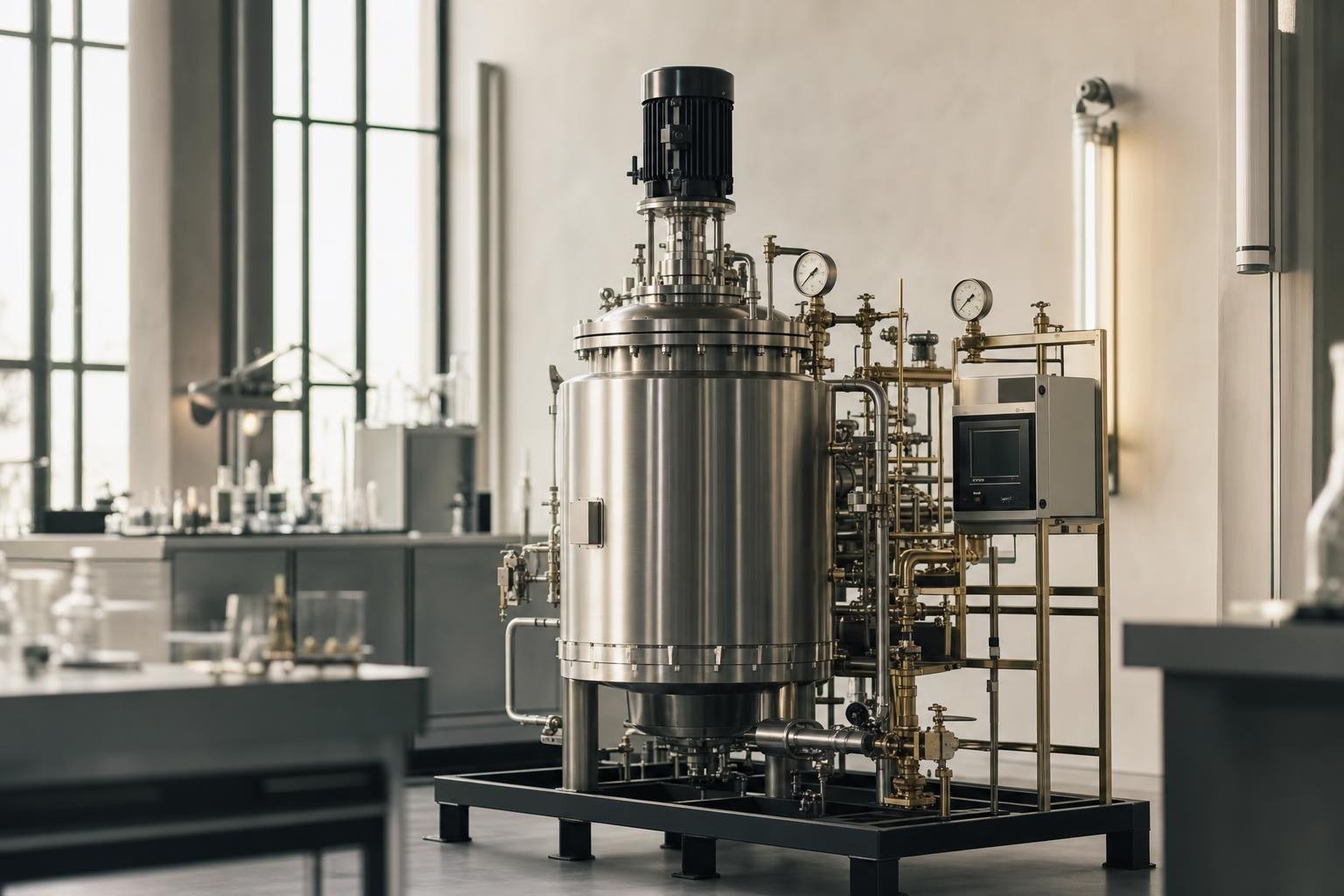 Stainless steel stirred tank reactor with pressure gauges in a chemical engineering laboratory