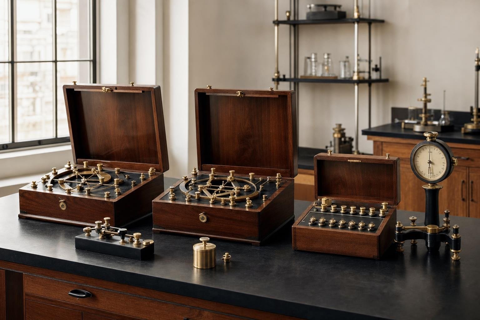 Electrical measurement bench with precision meters and a Wheatstone bridge