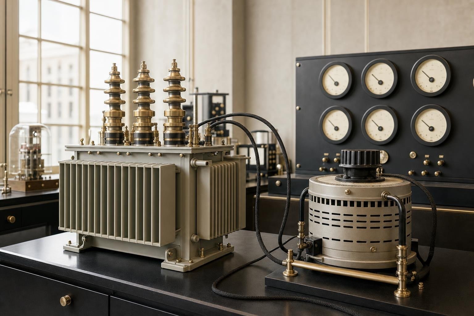 Three-phase transformer test bench with analogue meters in an electrical laboratory