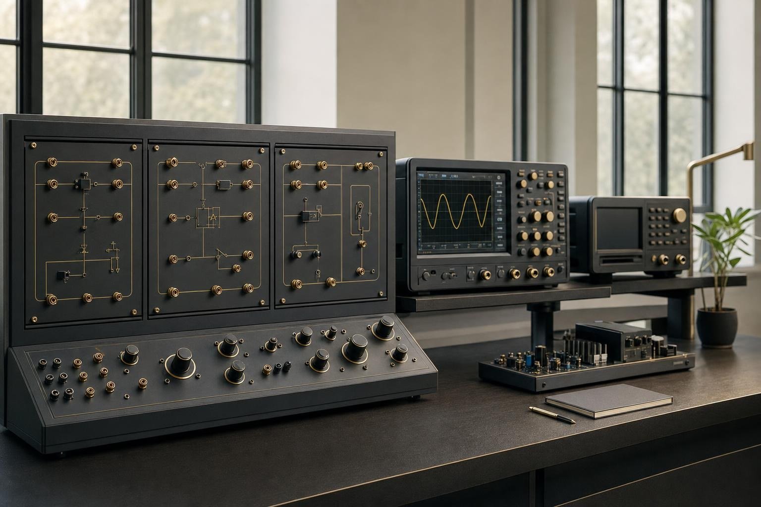 Power electronics trainer modules with an oscilloscope in an electrical laboratory