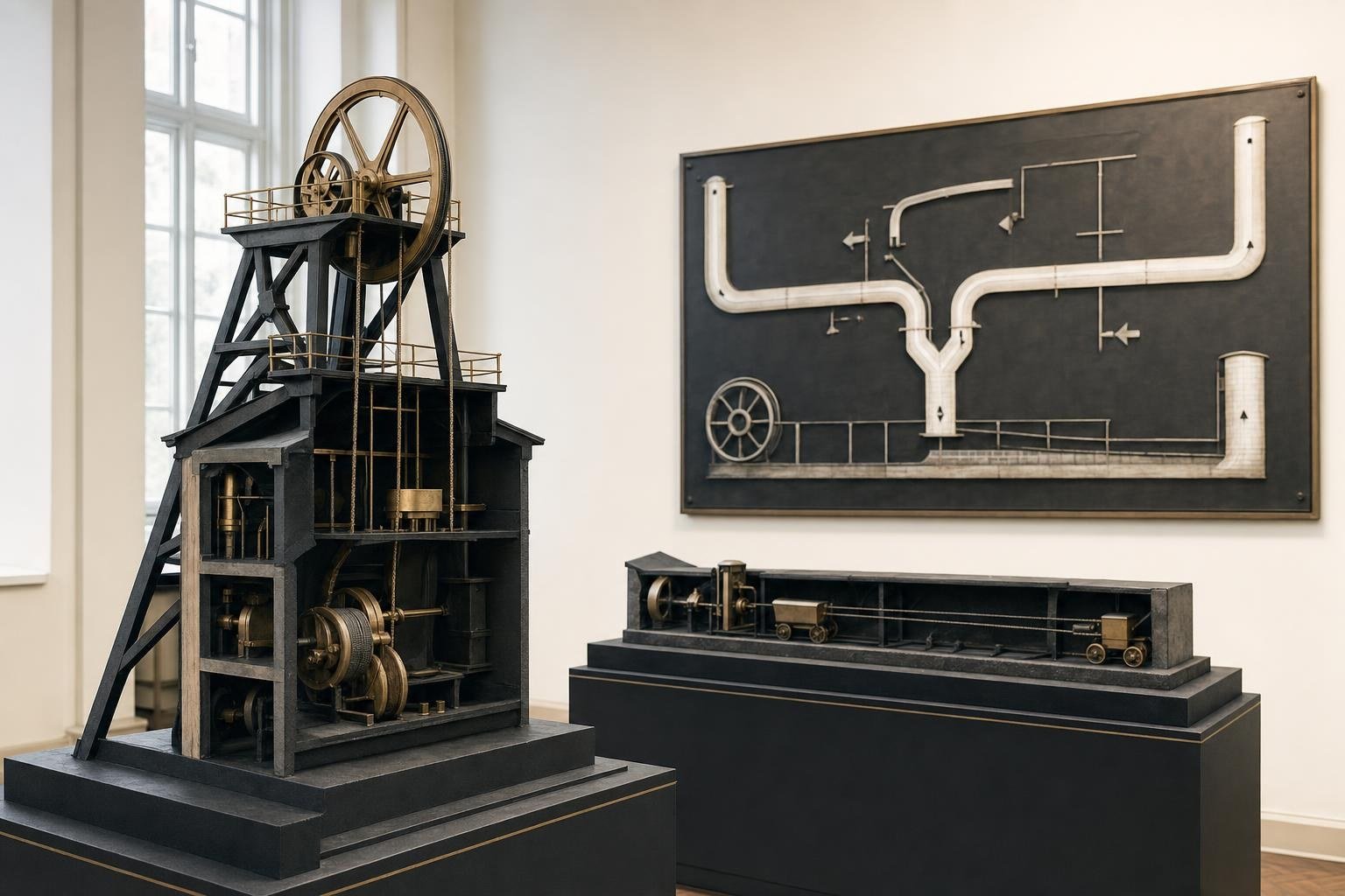Sectional mine winding and haulage demonstration models in a mining laboratory