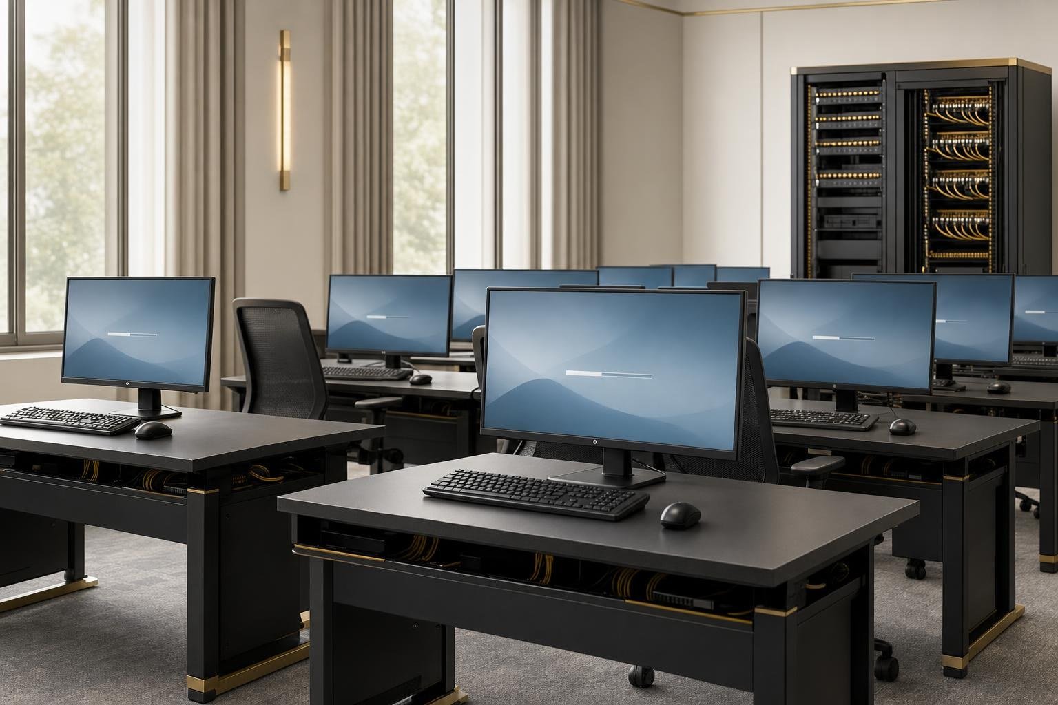 Institutional computer laboratory with workstations being commissioned